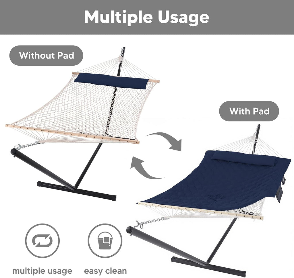 SUNCREAT Two Person Hammock with Stand, Carrying Bag, Heavy Duty Backyard Hammock and Stand, Navy Drops