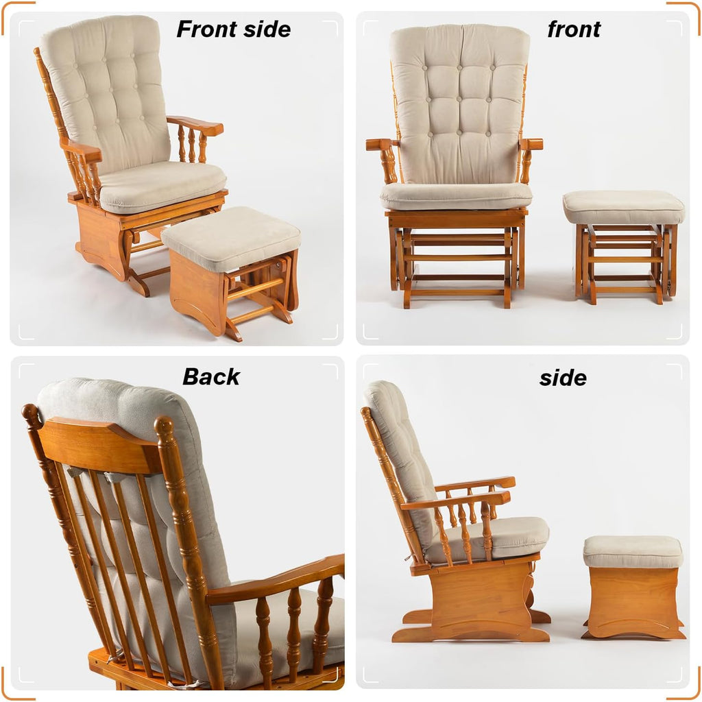 Anti-Pinch Solid Wood Hand Glider Rocking Chair Set with Ottoman, with Padded Cushion, Rustic Rubber Wood Nursery Glider for Nursing, Relaxing, Living Room, Bedroom, Honey Colored