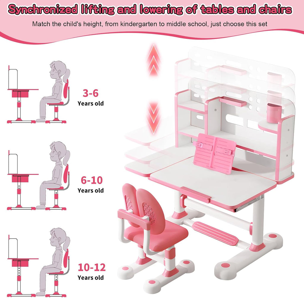 Kids Desk and Chair Set, Height Adjustable Kids Study Desk with Widened Tabletop,Tiltable Reading Stand, Spine Protect & Prevent Myopia, for Boys & Girls 3+ (Blue 2)