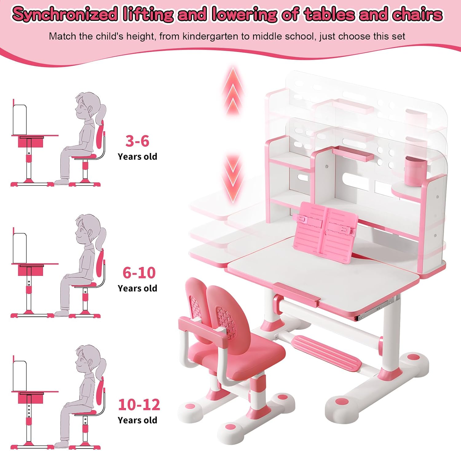 Kids Desk and Chair Set, Height Adjustable Kids Study Desk with Widened Tabletop,Tiltable Reading Stand, Spine Protect & Prevent Myopia, for Boys & Girls 3+ (Blue 2)