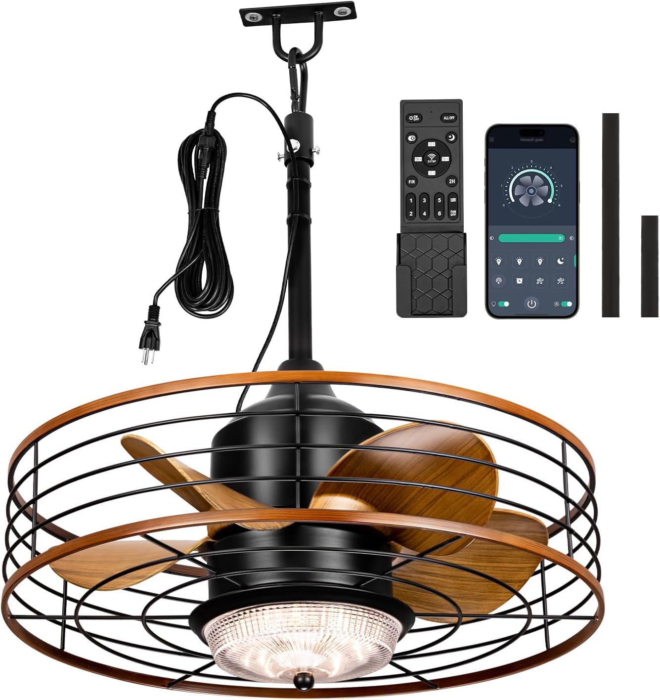 20' Outdoor Ceiling Fan with Light for Patios Waterproof Caged Gazebo Fans Outdoor Hanging Lighting with Plug-in Cord, Dimmable LED, Remote APP Control, 6 Speeds for Pergola Porch Gazebo (Brown)