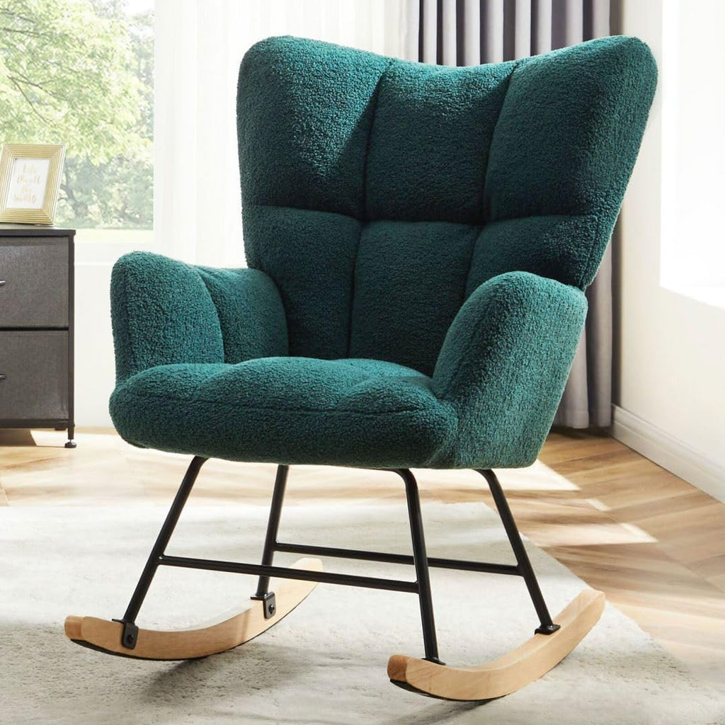 Nursery Rocking Chair, Boho Accent Ottoman, Teddy Upholstered Glider Rocker Accent Chair with High Backrest for Living Room, Small Spaces, Bedroom, Green