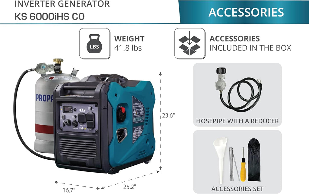 Konner&Sohnen Dual Fuel Inverter Generator - 6000W, 120/240V, Portable and Lightweight, Super Quiet with CO Sensor and Fuel-Efficient Technology, Gas & LPG Powered (German brand,model:KS 6000iEHS CO)