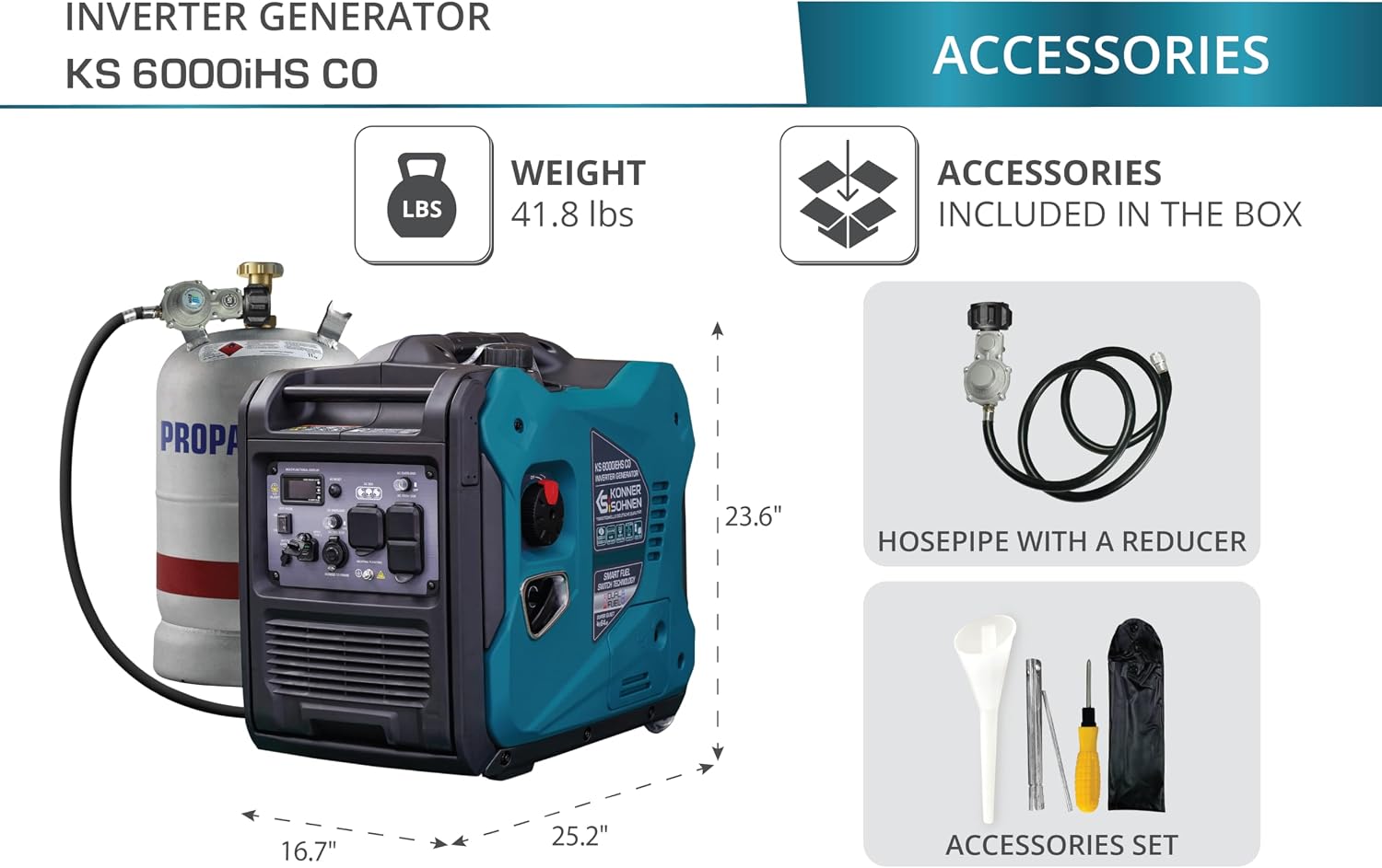 Konner&Sohnen Dual Fuel Inverter Generator - 6000W, 120/240V, Portable and Lightweight, Super Quiet with CO Sensor and Fuel-Efficient Technology, Gas & LPG Powered (German brand,model:KS 6000iEHS CO)