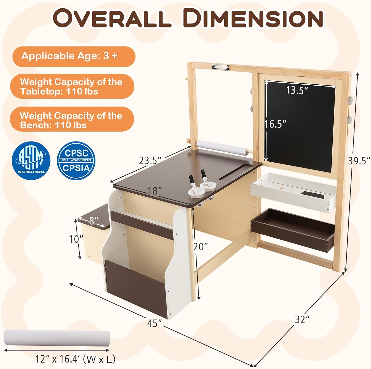 Costzon Easel for Kids, Wooden Art Center with Double-Sided Blackboard & Whiteboard, Paper Roll for Drawing, Crafts, Writing, Toddler Activity Table with Storage, Kids Table and Chair Set (Brown)