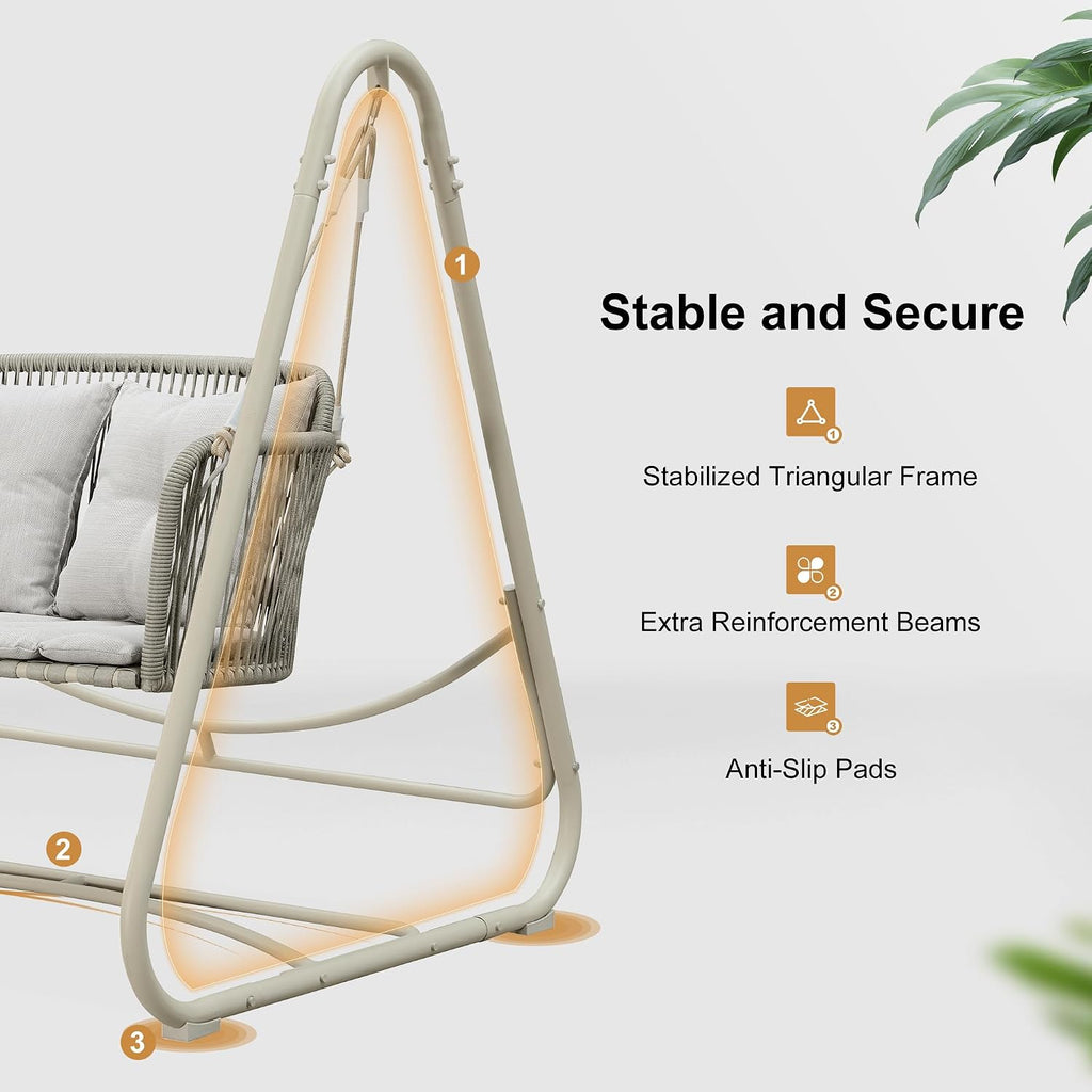 PURPLE LEAF 2-Seat Cloud Swing Chair with Stand and 12 Clear LED Lights Patio Wicker Hanging Swinging for Indoor Backyard Garden Outdoor Hammock Porch Swing, Cushion and Pillows Included, Cream