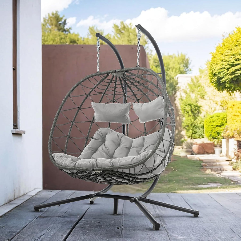 Double Egg Swing Chair with Stand, 2 Person Outdoor Indoor Hammock Hanging Chair with Cushion,Patio Wicker Hanging Egg Chair w/Cushion 700LBS Capacity for Bedroom, Balcony, Garden