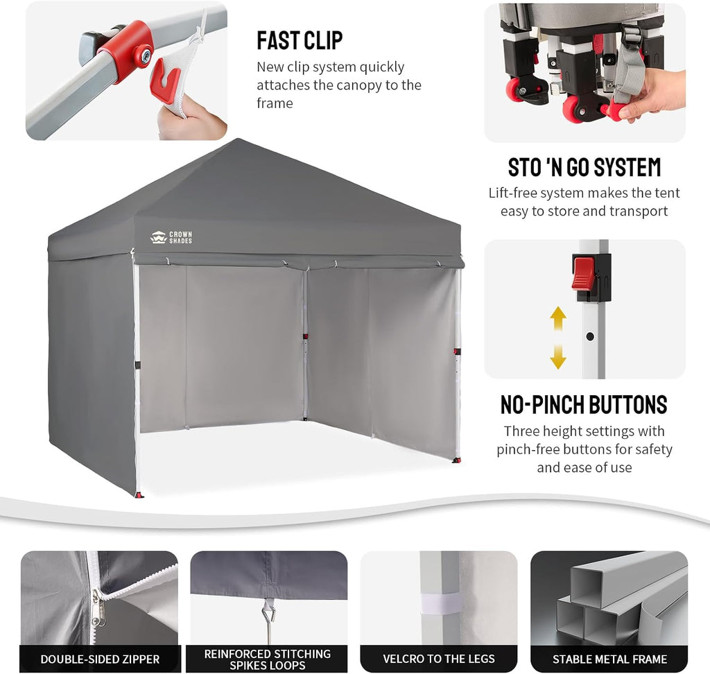 CROWN SHADES 10X10 Commercial Instant Canopy Pop Up Tent with Center Lock, 300D Fabric, 4 Sidewalls, Sto'N Go Bag, Grey