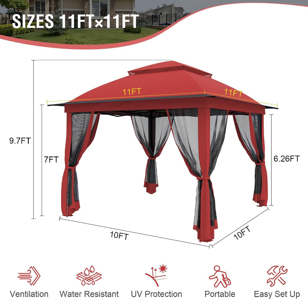 Pop Up Gazebo 11x11, Outdoor Instant Canopy Shelter Tent with Mosquito Netting Metal Frame Storage Bag for Patio Garden Backyard.(Red)