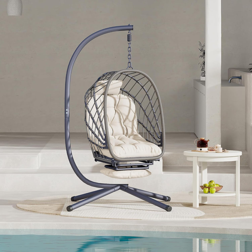 Outdoor Egg Swing Chair with Stand and Footrest, Comfy Patio Hammock Hanging Rocking Egg Chair with Cushion for Bedroom Indoor, Dark Gray (Beige)