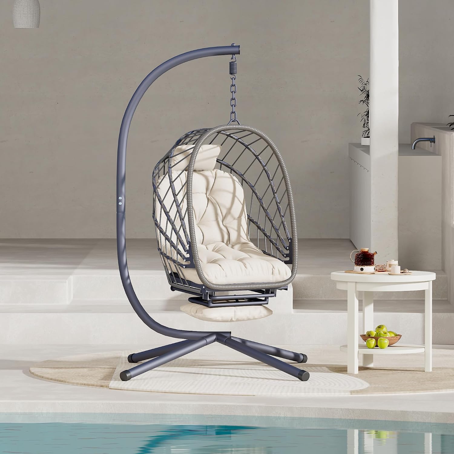 Outdoor Egg Swing Chair with Stand and Footrest, Comfy Patio Hammock Hanging Rocking Egg Chair with Cushion for Bedroom Indoor, Dark Gray (Beige)