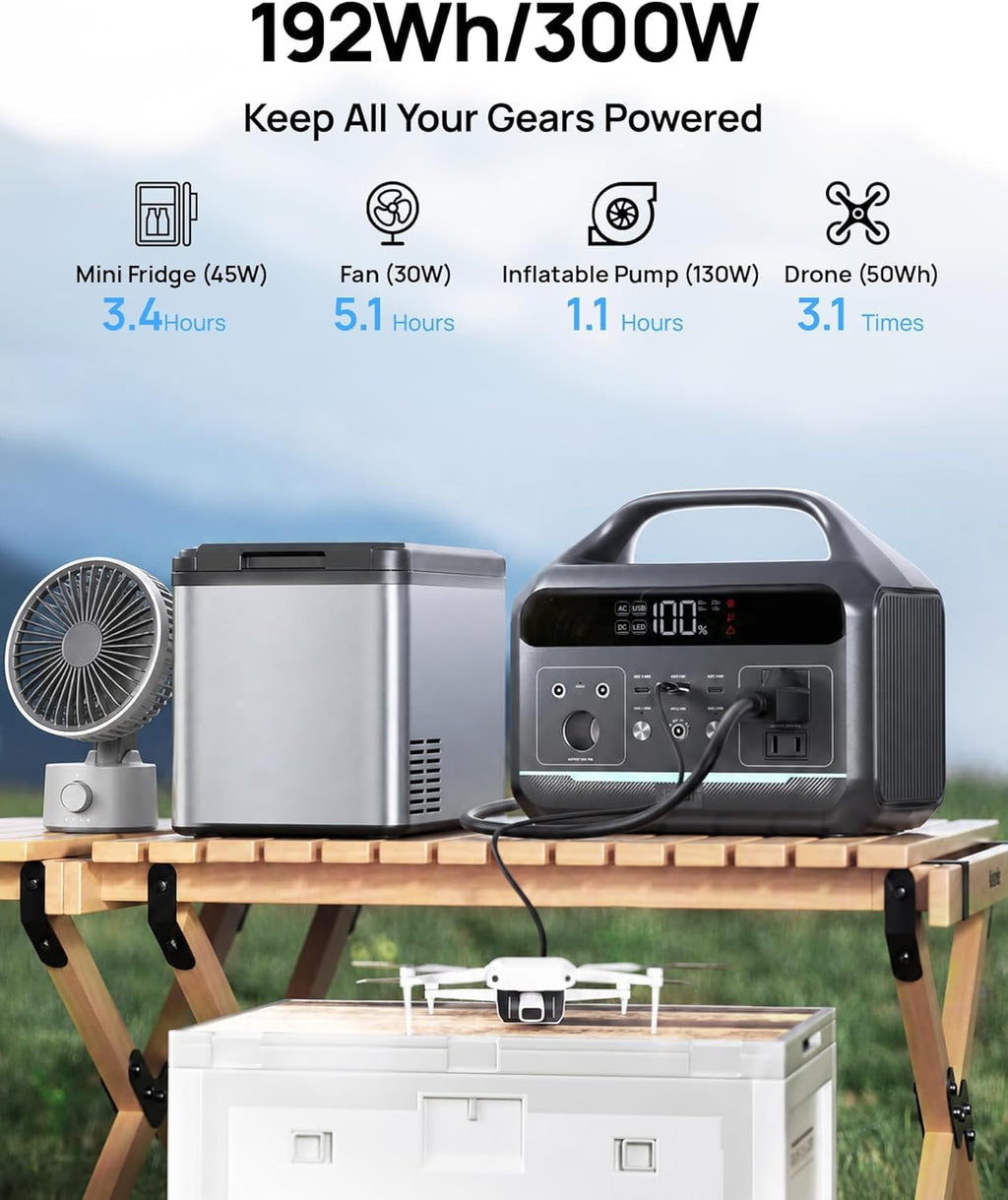 Portable Power Station 300W, 192Wh Large Power Bank with 110V AC Outlet, LiFePO4 Battery Backup,8-Ports Solar Generator Fast Charging for Camping, Hurricane Emergency, Outdoor,Home(Solar Optional)