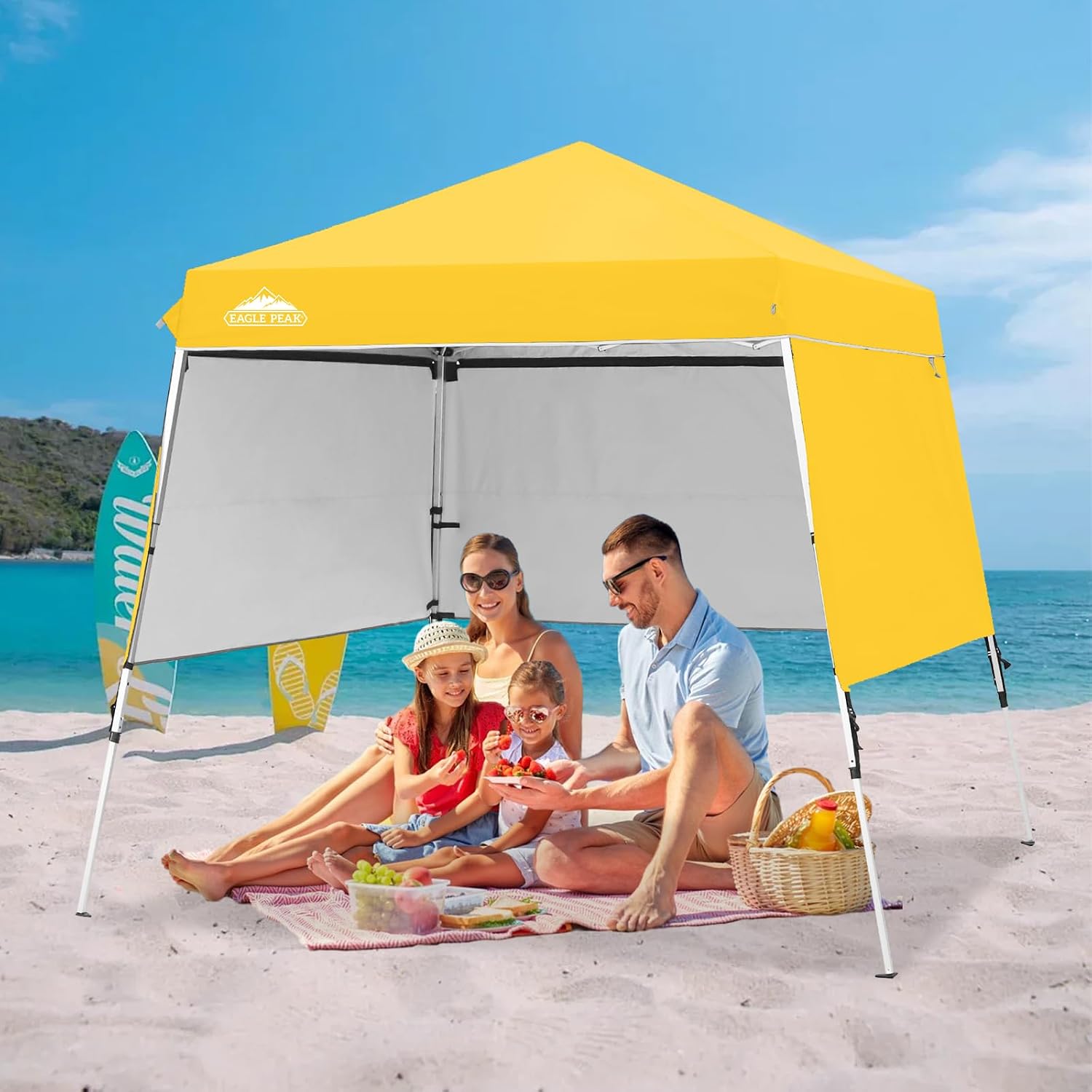 EAGLE PEAK Day Tripper 8x8 Aluminum Super-Lightweight Slant Leg Pop Up Canopy with 3 Removable Walls, Instant Outdoor Backpack Canopy Tent, Outside Beach Folding Sun Shelter, 8x8 Base 6x6 Top, Yellow