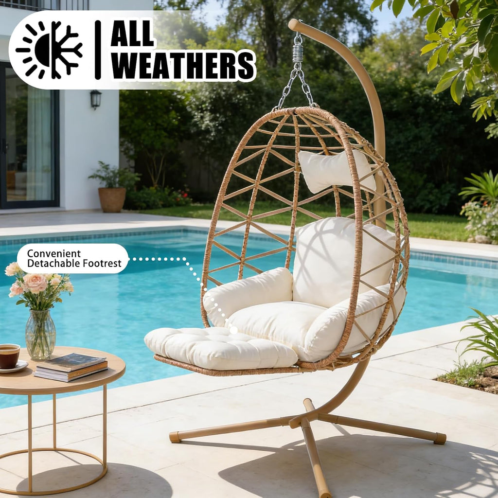 Hanging Egg Chair with Stand & Leg Rest,Rattan Wicker Swing Chair with Cushion,Patio Basket Hanging Chair Wicker Hammock Chair for Indoor Outdoor Bedroom Garden,300LBS (Yellow Rattan&Cream Cushion)