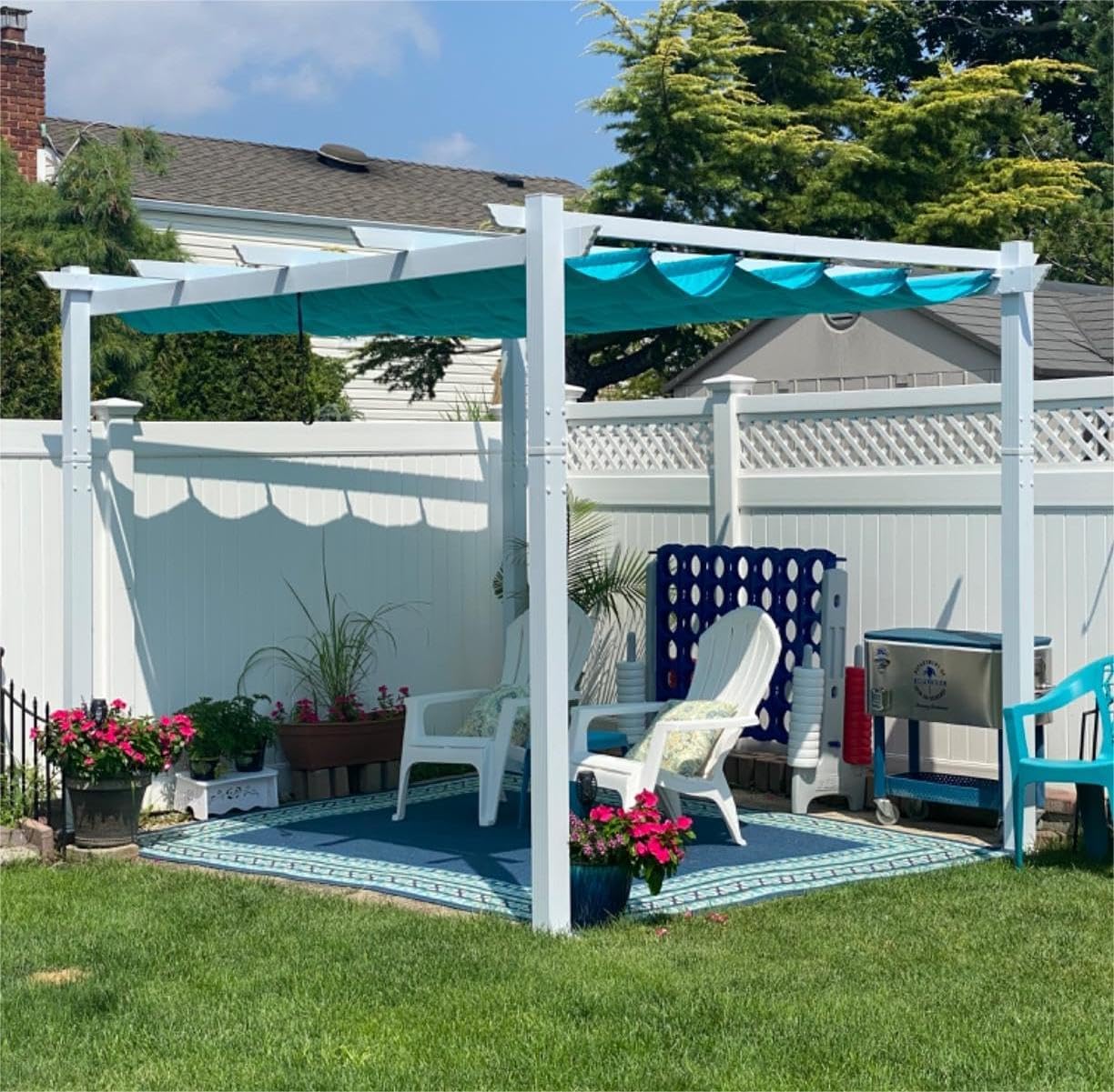 PURPLE LEAF 10' X 10' Outdoor Retractable Pergola with Sun Shade Canopy Cover White Patio Metal Shelter for Garden Porch Yard BBQ Beach Gazebo Grape Trellis Pergola, Turquoise Blue