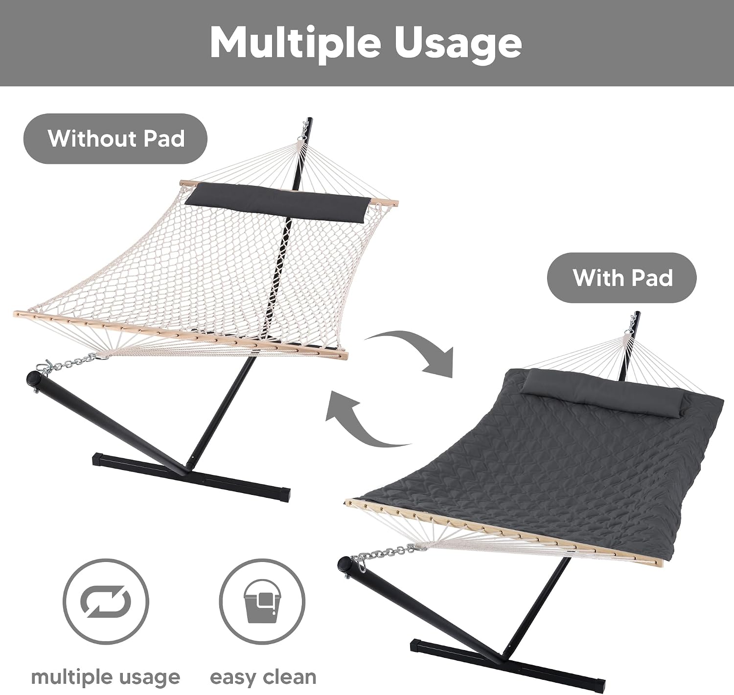 SUNCREAT Hammocks for Outside with Stand, Extra Large 2 Person Hammock with Stand, Carrying Bag, Dark Gray Drops