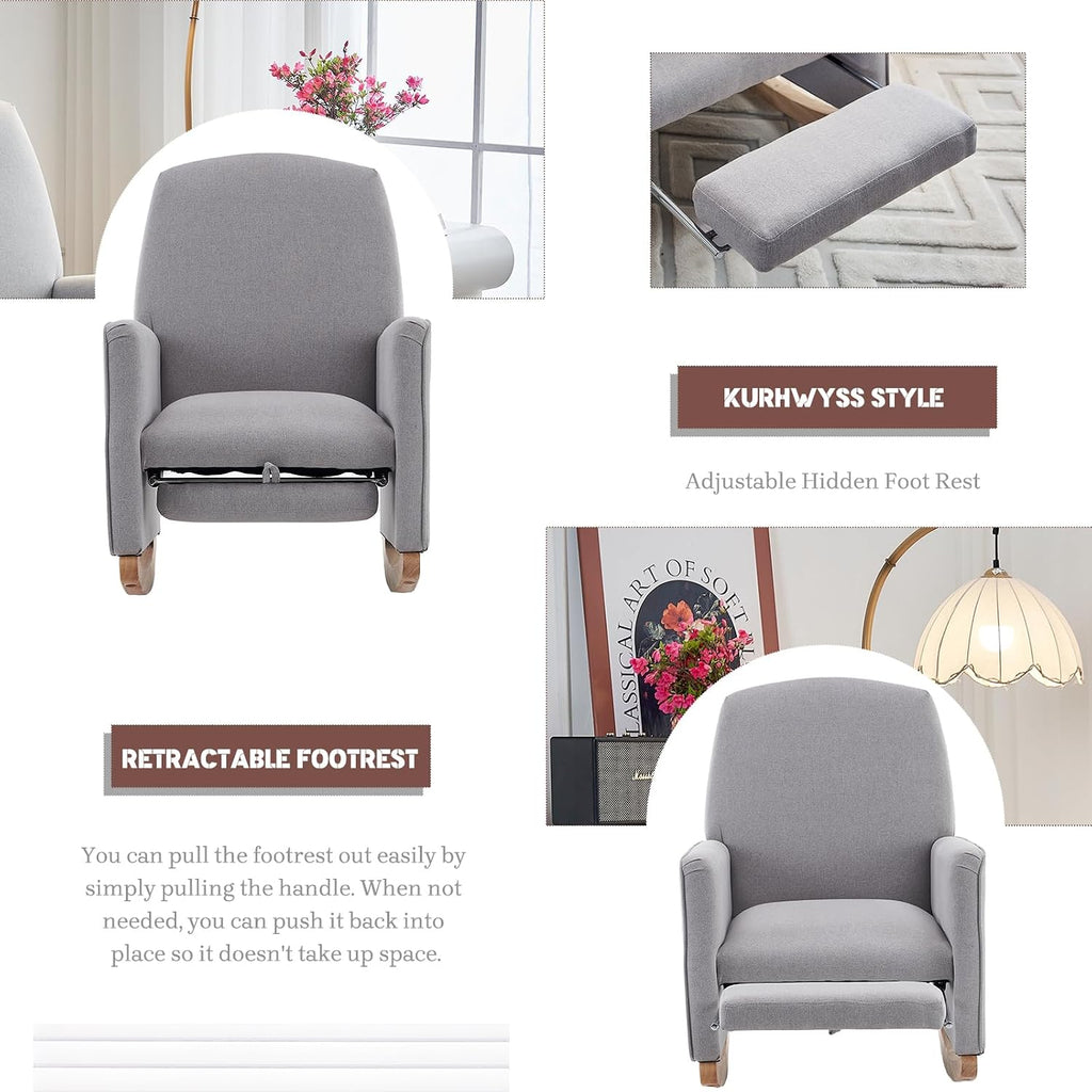 Modern Rocking Chair Nursery, Comfy Glider Nursery Chair with Foot Rest, Upholstered Rocker with Pocket, Accent Reading Armchair with Solid Wood Base for Living Room, Bedroom, Lounge Room (Light Gray)