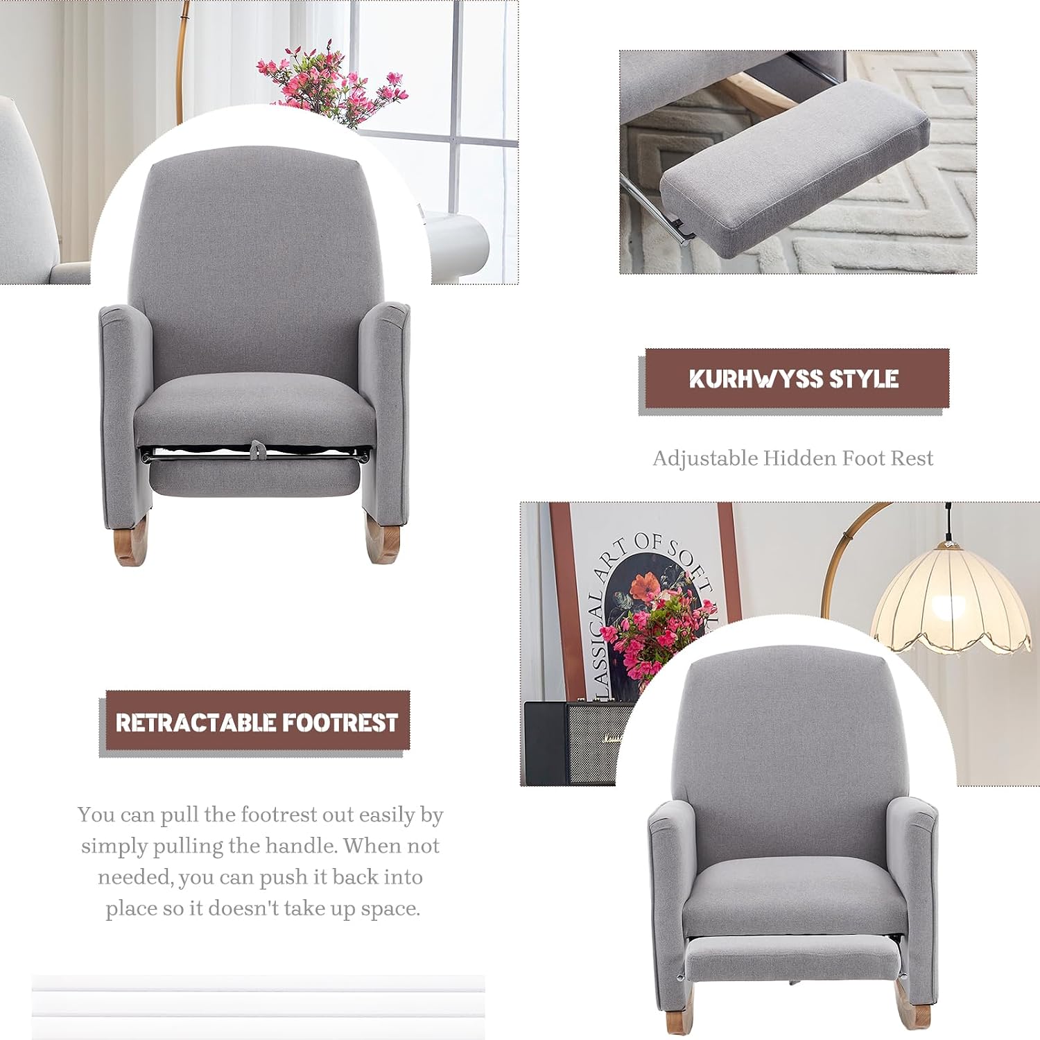 Modern Rocking Chair Nursery, Comfy Glider Nursery Chair with Foot Rest, Upholstered Rocker with Pocket, Accent Reading Armchair with Solid Wood Base for Living Room, Bedroom, Lounge Room (Light Gray)
