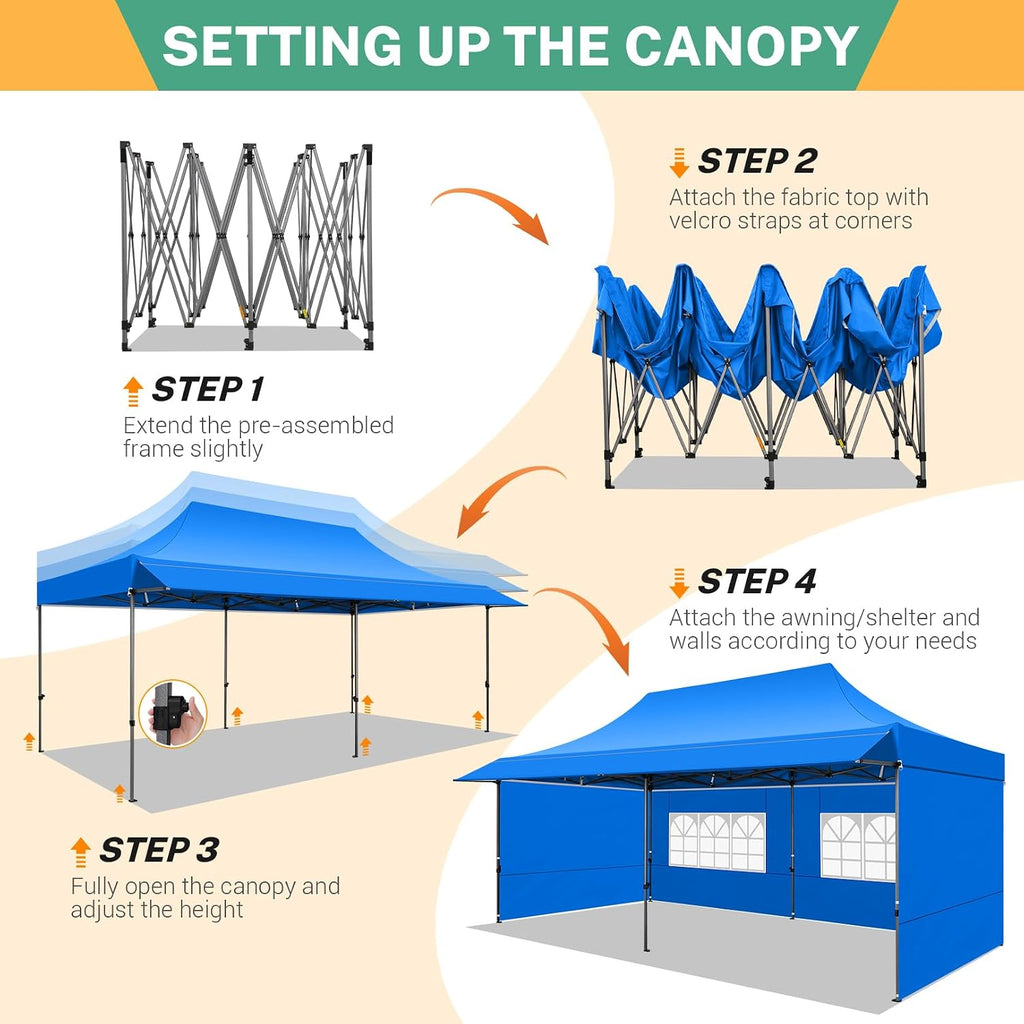 COBIZI 10x20 Pop Up Canopy Tent with Awning & Sidewalls, Heavy Duty Commercial 10X20 Canopy Tents Instant Waterproof, UPF 50+ Sun Shade for Outdoor, Parties, Markets (Blue)