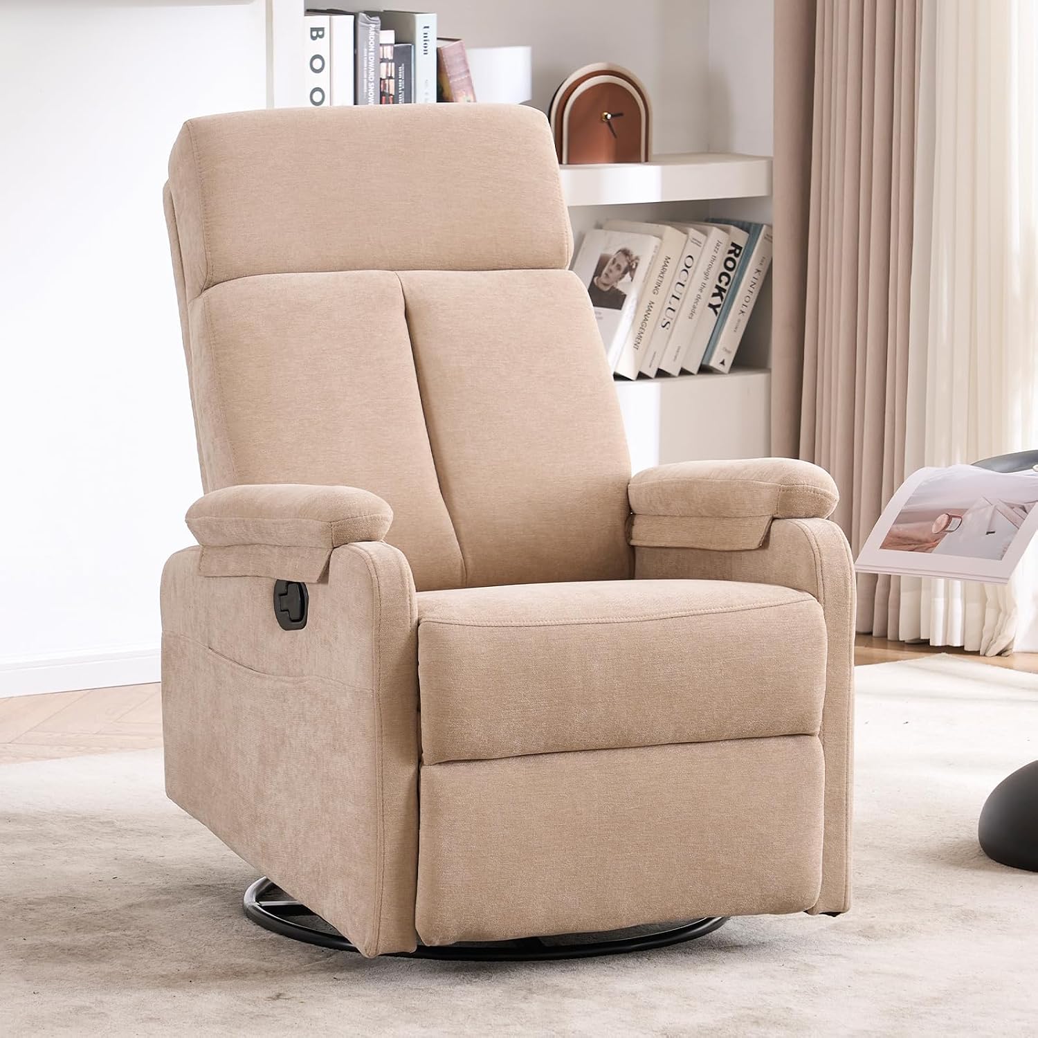 Recliner Chairs, 360° Swivel Rocker Recliner Chair for Adults, Glider Rocking Chair, Small Nursery Recliner for Living Room,RV, Reclining with Modern-Designed Armrests, Fabric Beige