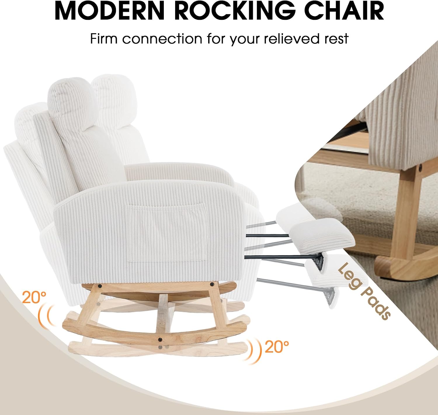 NIOIIKIT Nursery Rocking Chair, Corduroy Upholstered Rocking Chair with Adjustable Footrest, Tufted Rocker Chair with Side Pocket, Glider Rocker for Living Room (White Modern)