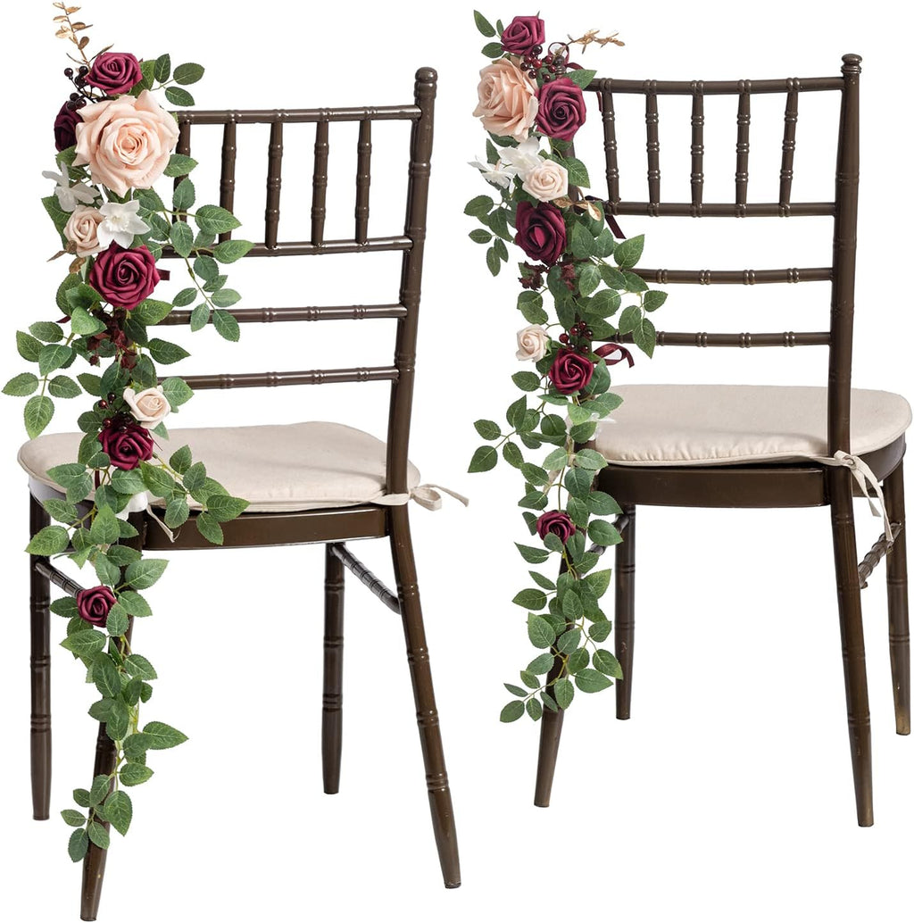 Ling's moment Fall 10pcs Wedding Chair Decorations Aisle Floral Swag Artificial Pew Flowers Hanging Garland Marsala & Blush for Ceremony Reception Church Rose Floral Arrangement Party Outdoor Decor