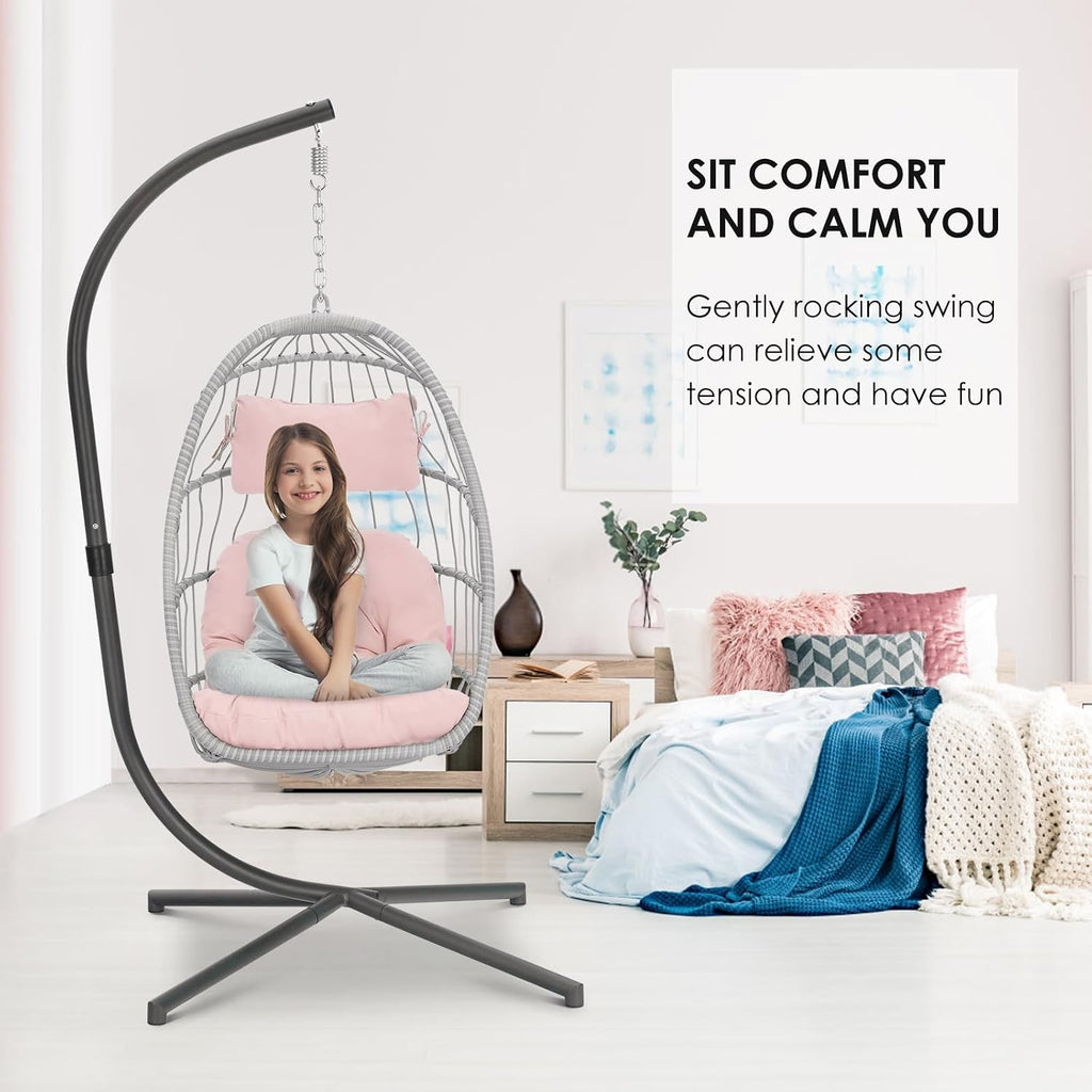 Brafab Pink Egg Chair with Stand Indoor Outdoor Swing Egg Chair, Patio Wicker Hanging Chair with Stand Hammock Egg Chairs with UV Resistant Cushion and Aluminum Steel Frame for Bedroom Balcony Garden