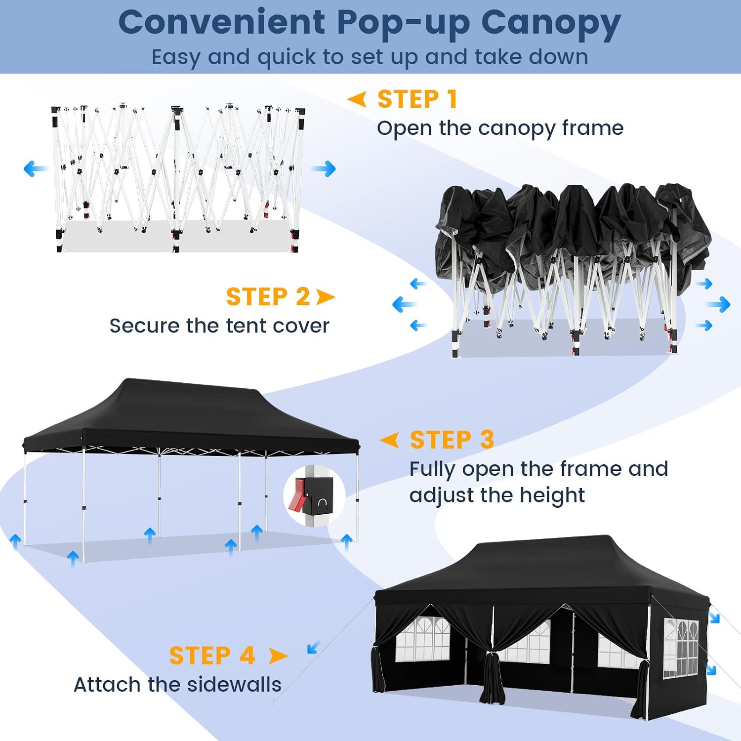 HAPPYGRILL 10x20FT Pop-up Canopy with Detachable Sidewalls, Instant Canopy Tent with Carrying Bag, UPF50+ Sun Protection, Easy Setup Gazebo for Outdoor Party Wedding, Black