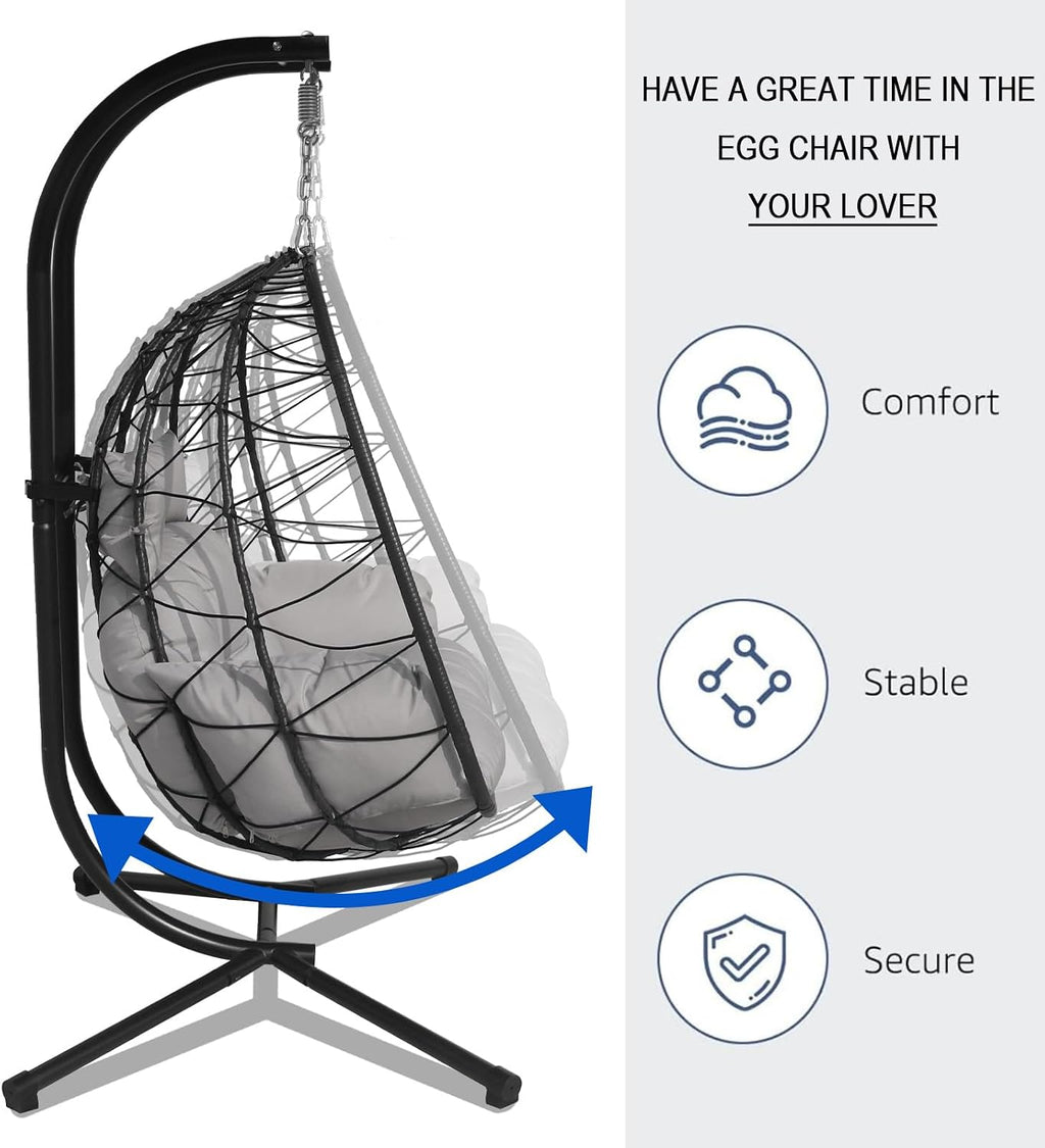 Double Egg Chair Outdoor, 2 Person Hanging Egg Chair with Stand, Patio Wicker Egg Swing Chair for Garden, Backyard, Balcony, 600Lbs Heavy Duty(BL-GR)