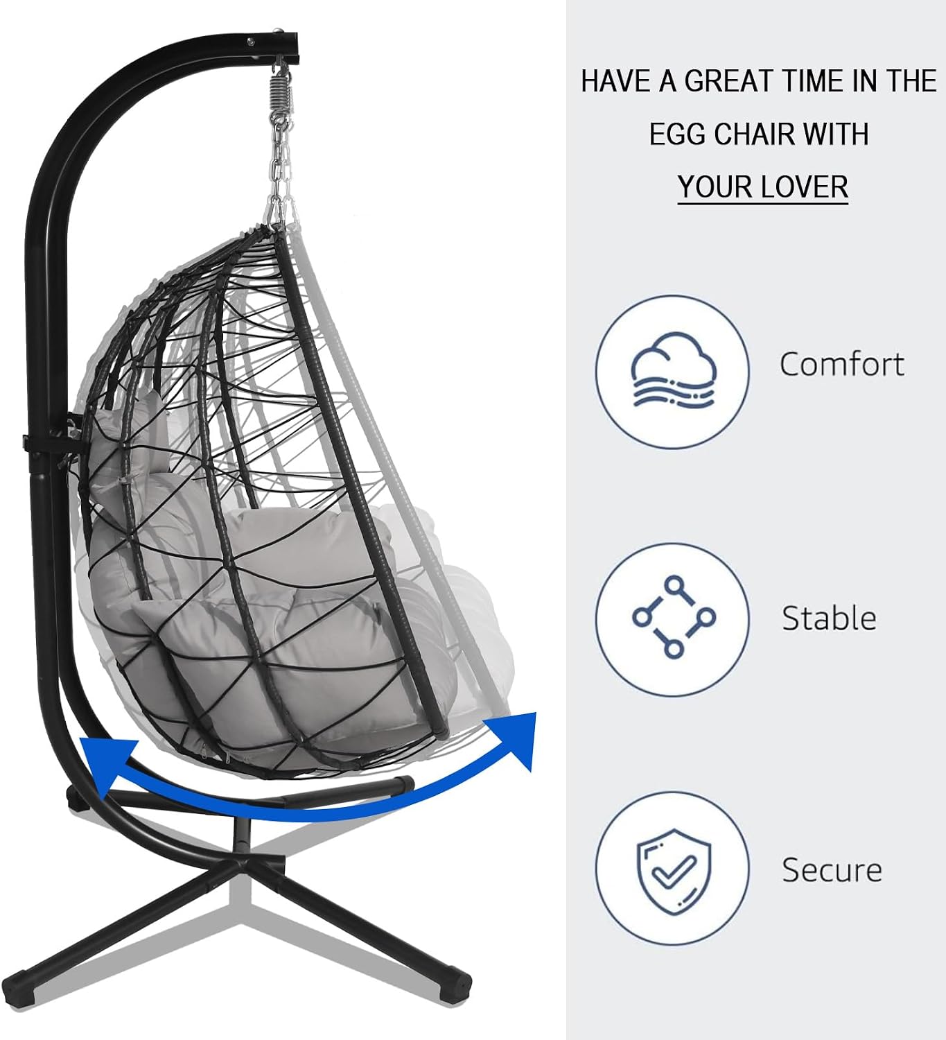 Double Egg Chair Outdoor, 2 Person Hanging Egg Chair with Stand, Patio Wicker Egg Swing Chair for Garden, Backyard, Balcony, 600Lbs Heavy Duty(BL-GR)