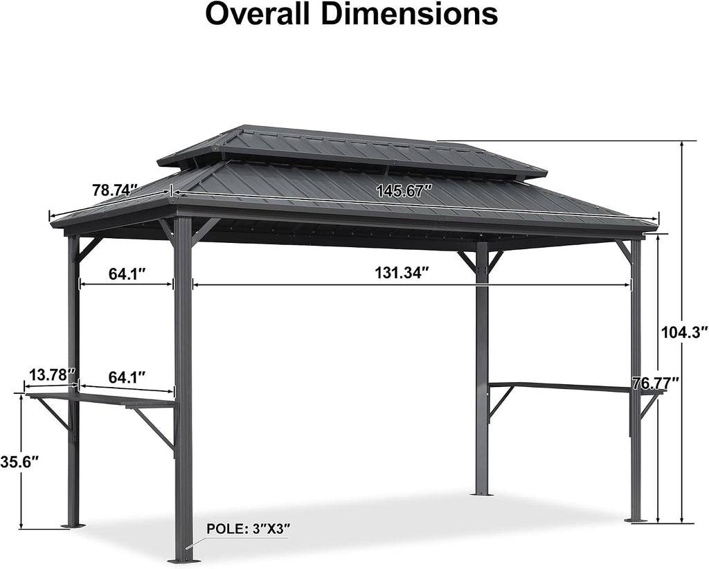 PURPLE LEAF 6.5' X 12' Hardtop Grill Gazebo for Patio Permanent Aluminum Barbeque Shelter with Ceiling Hook and Shelves Double Tiered Grey Outdoor BBQ Gazebo