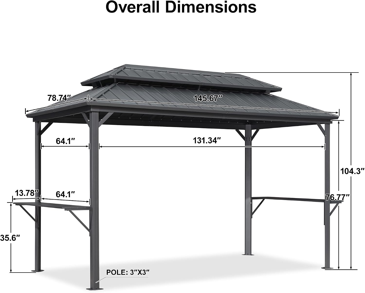 PURPLE LEAF 6.5' X 12' Hardtop Grill Gazebo for Patio Permanent Aluminum Barbeque Shelter with Ceiling Hook and Shelves Double Tiered Grey Outdoor BBQ Gazebo