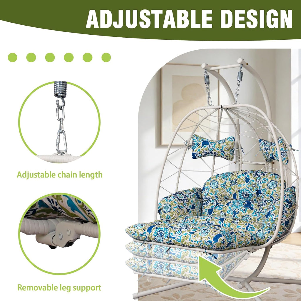 Double Outdoor Egg Chair with Stand, 2 Person Hanging Egg Chair with Adjustable Footrest Outdoor, Oversized Wicker Hammock Swing Chair with Thickened Cushions, 660Lbs (White Frame Patterned Cushion)