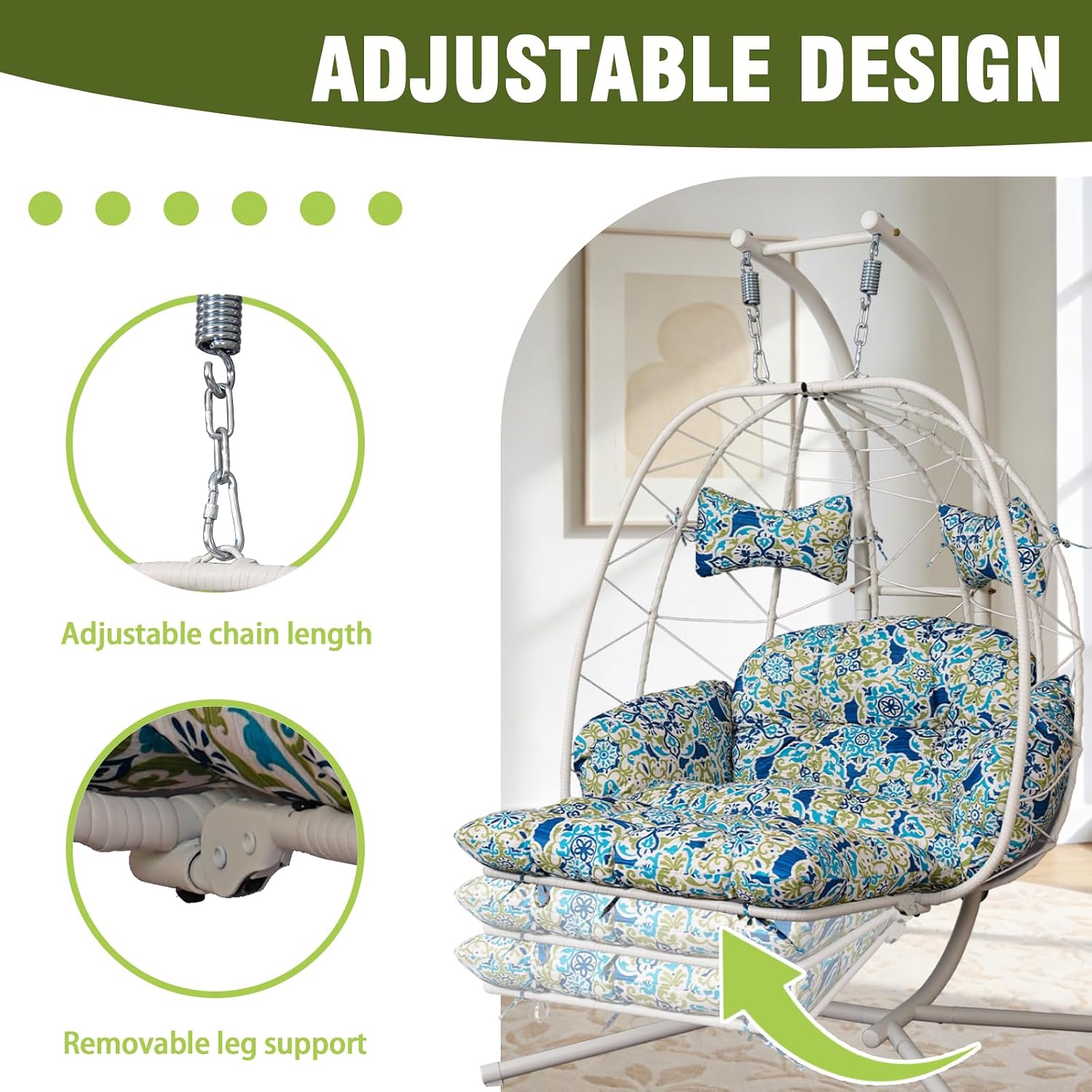 Double Outdoor Egg Chair with Stand, 2 Person Hanging Egg Chair with Adjustable Footrest Outdoor, Oversized Wicker Hammock Swing Chair with Thickened Cushions, 660Lbs (White Frame Patterned Cushion)