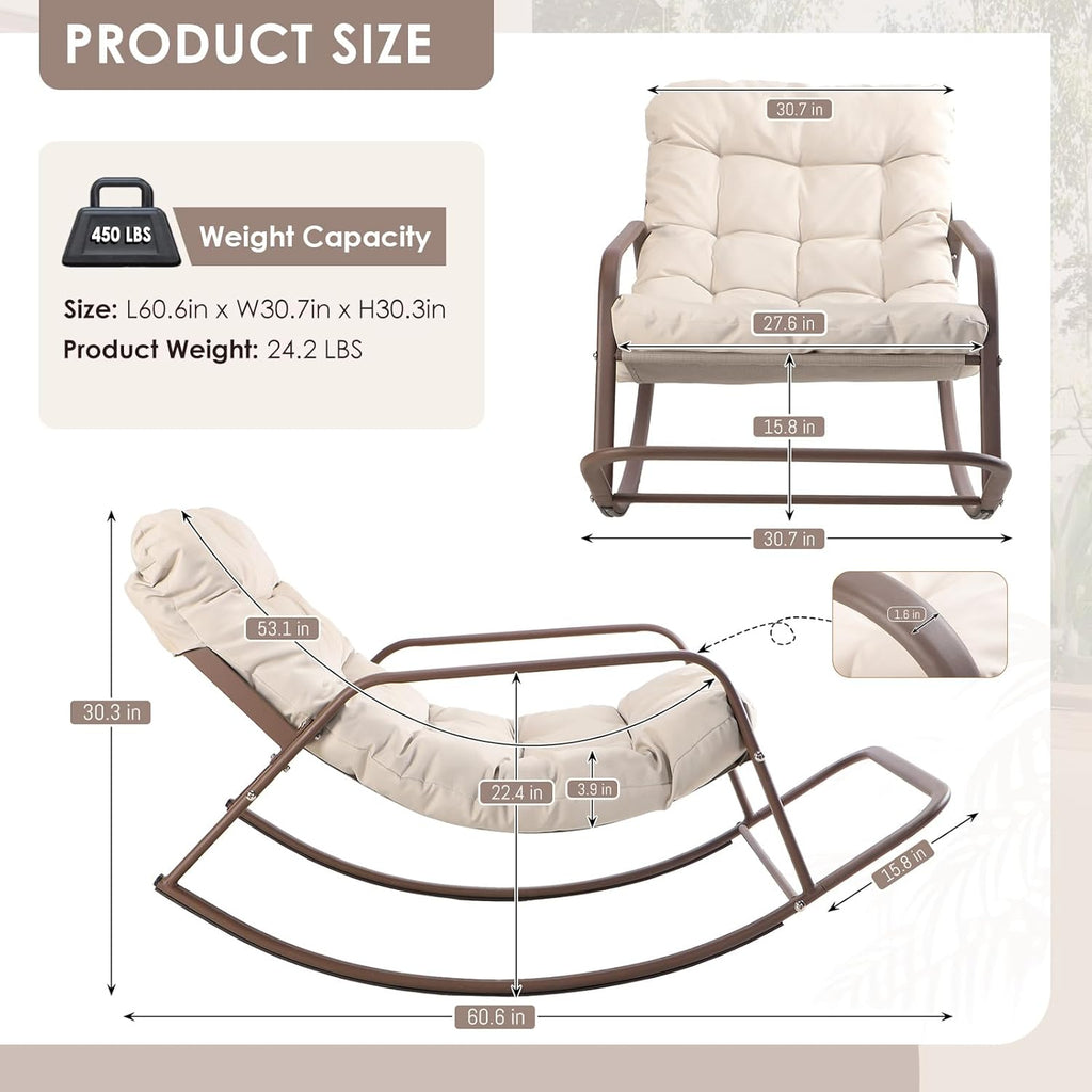 RADIATA 2pcs Rocking Lounge Chair, Indoor Outdoor Reclining Lounger with Footrest & Cushion, 450lbs Weight Capacity, Comfortable Rocker for Relaxation, Reading and Napping (Beige)