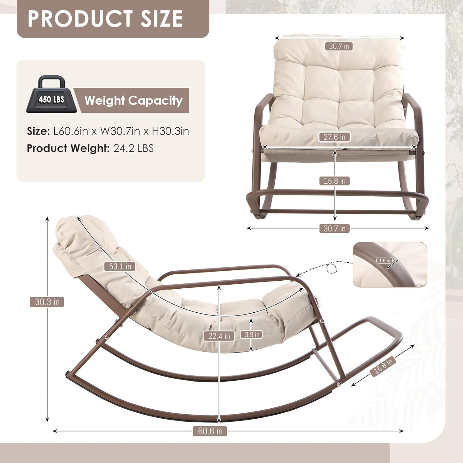 RADIATA 2pcs Rocking Lounge Chair, Indoor Outdoor Reclining Lounger with Footrest & Cushion, 450lbs Weight Capacity, Comfortable Rocker for Relaxation, Reading and Napping (Beige)