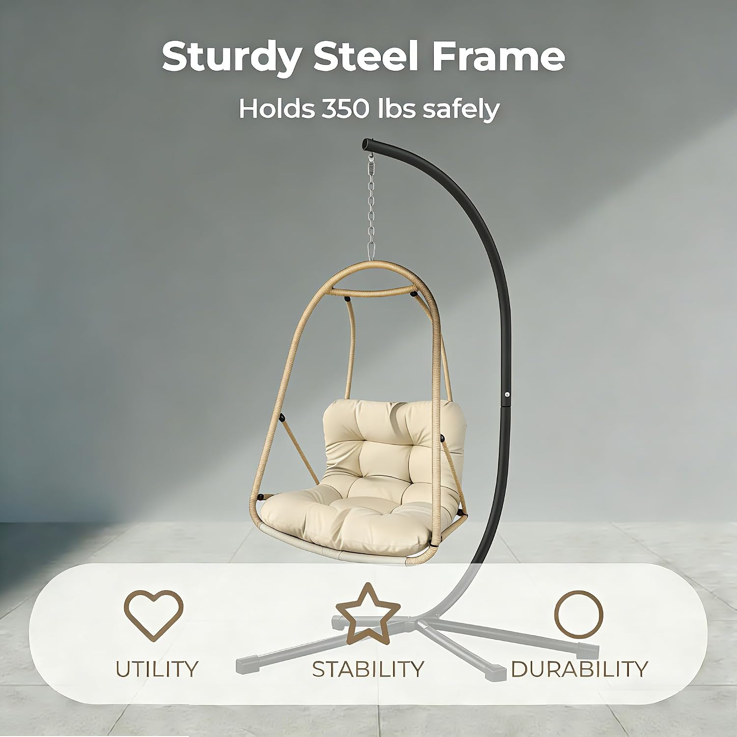 JESE Swing Egg Chair with Stand – UV Resistant Waterproof Cushion & Cup Holder Included, Indoor/Outdoor Hanging Hammock Chair for Patio, Bedroom, Balcony, Garden (Khaki)