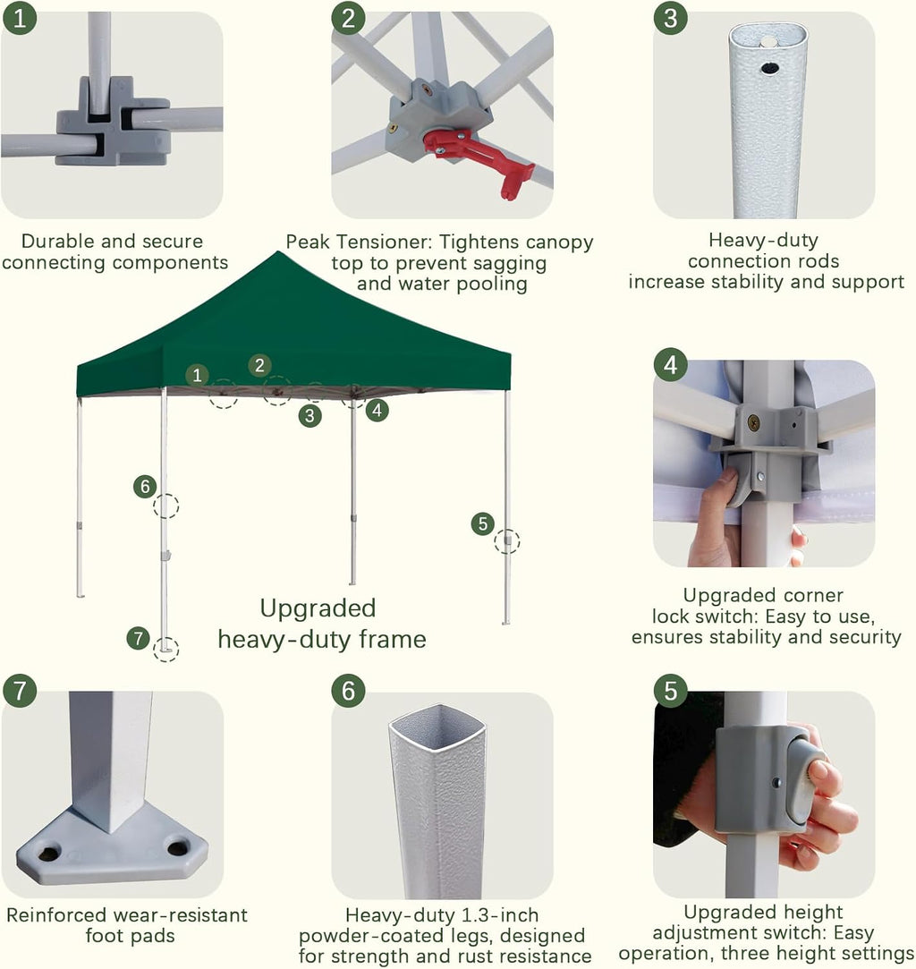 Easy 10x10 Pop Up Canopy Tent with Peak Tensioner, Heavy Duty for Commercial Use, Industry-Leading 3000mm Waterproof, 500D Silver Coated Top, Wheeled Bag, 4 Sandbags, Stakes & Ropes, Forest Green