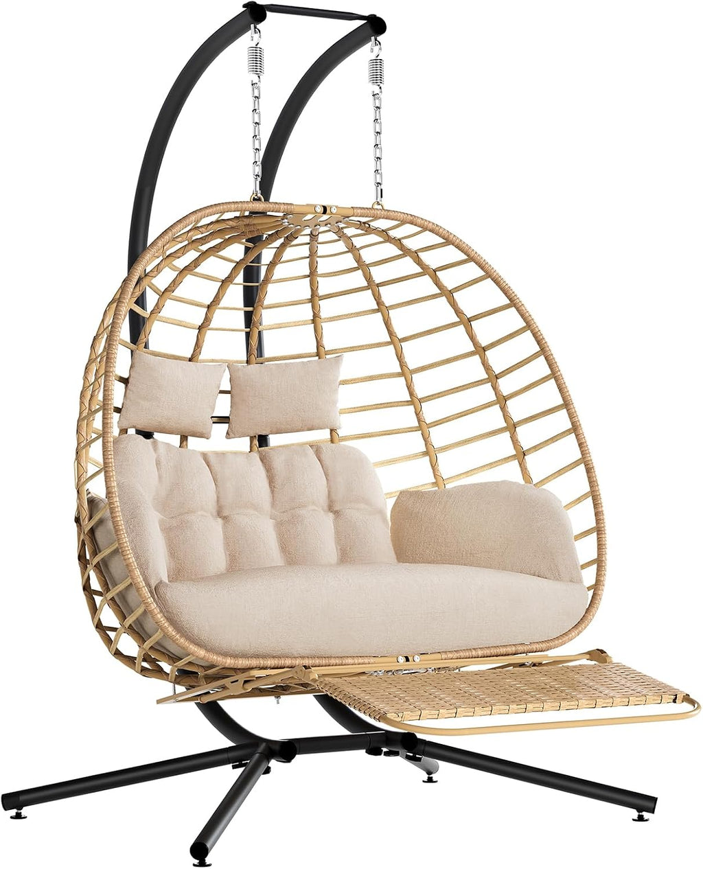 SWITTE Double Hanging Egg Chair with Stand & Footrest, Outdoor Patio 2 Person Wicker Hammock Swing Chairs with Cushion for Indoor Bedroom, Lawn, Garden-Natural