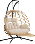 SWITTE Double Hanging Egg Chair with Stand & Footrest, Outdoor Patio 2 Person Wicker Hammock Swing Chairs with Cushion for Indoor Bedroom, Lawn, Garden-Natural