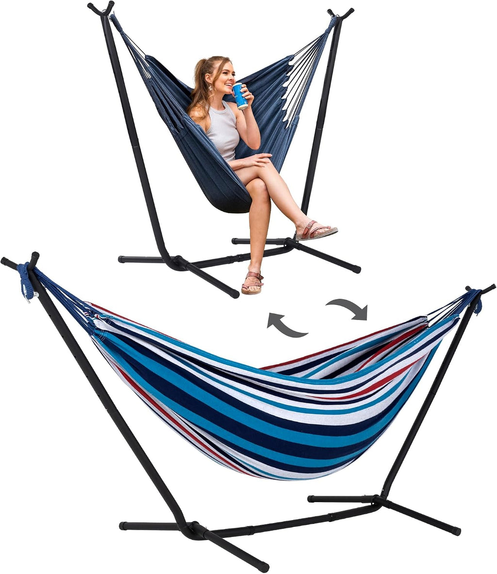 SUNCREAT 2-in-1 Convertible Portable Double Hammock with Stand Included, Outdoor Hammock and Stand, Patented, Sea Blue