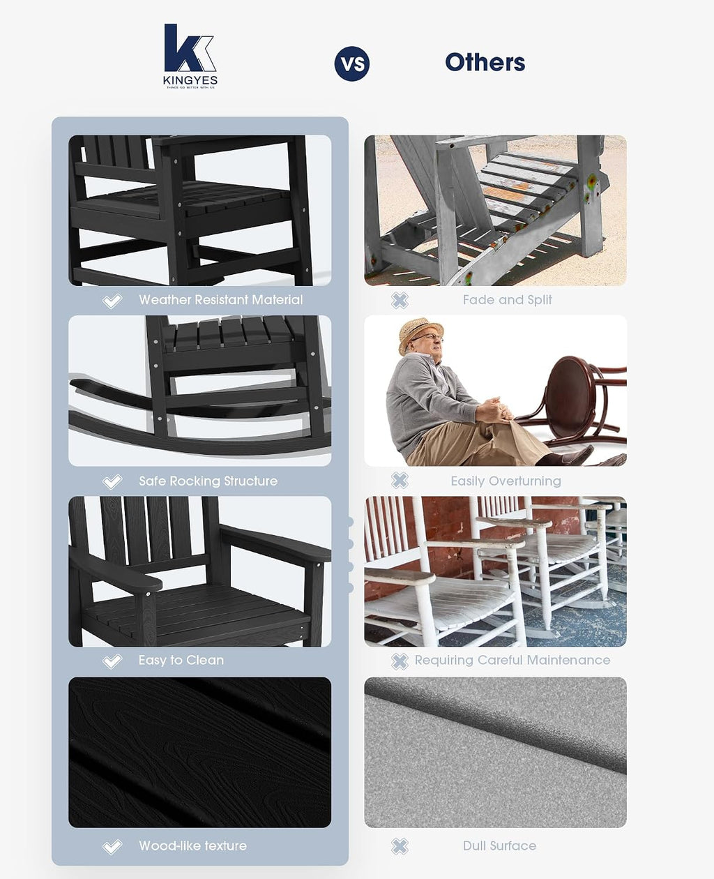 KINGYES Oversized Outdoor Rocking Chair with Cushion, All-Weather Patio Rocking Chairs, HDPE Porch Rocker for Adults, 350 lbs Capacity, Black Chair with Flower Cushion