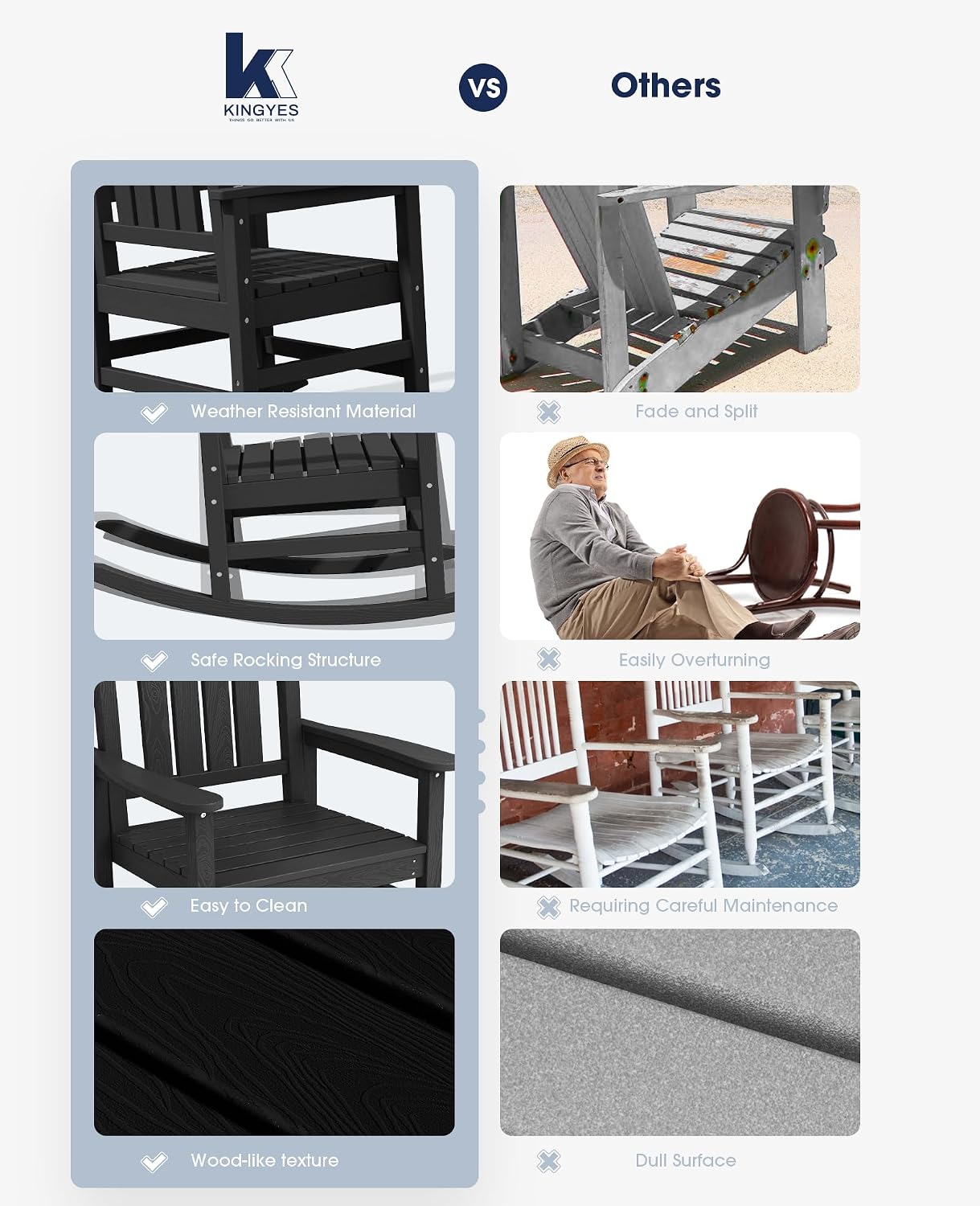 KINGYES Oversized Outdoor Rocking Chair with Cushion, All-Weather Patio Rocking Chairs, HDPE Porch Rocker for Adults, 350 lbs Capacity, Black Chair with Flower Cushion