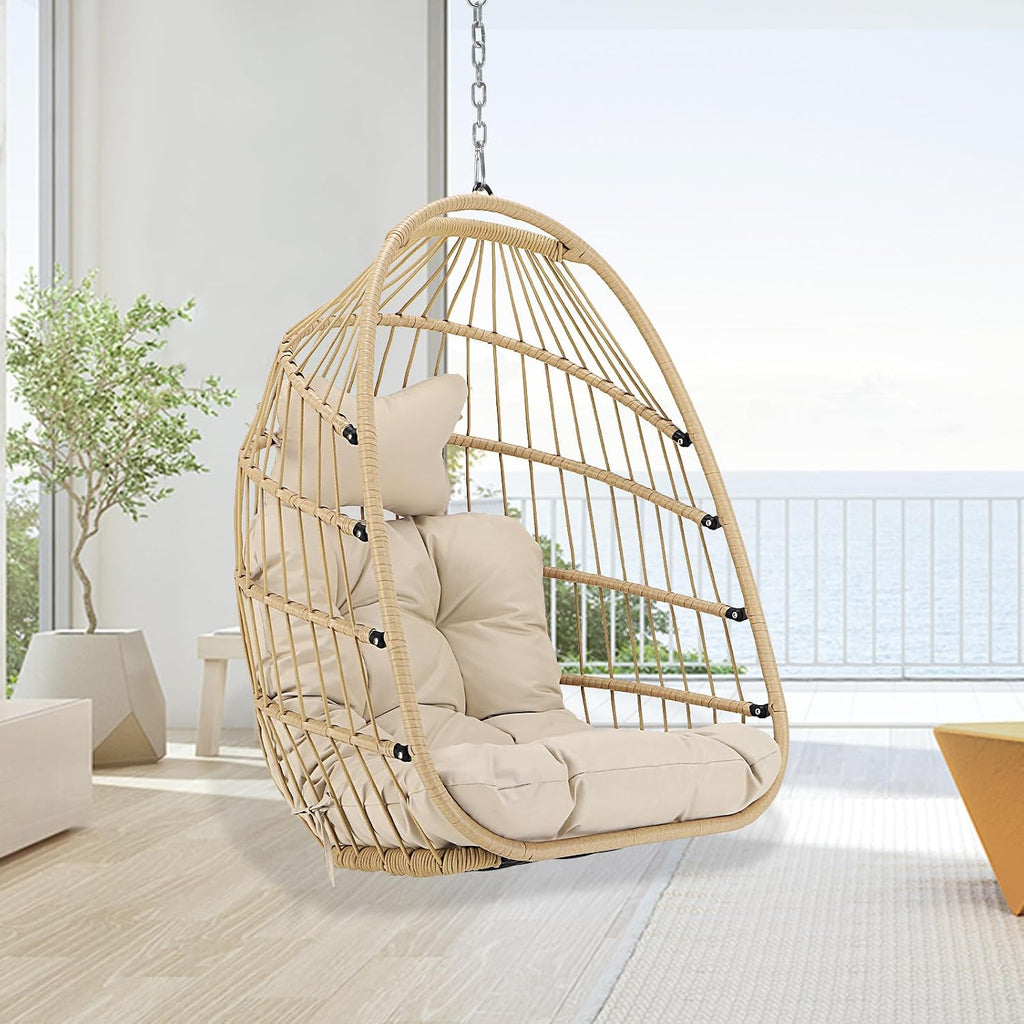 BULEXYARD Wicker Egg Chair Without Stand, 350 Lbs Foldable Rattan Swing with Cozy Padded Cushion, All-Season Hanging Hammock Basket for Outdoor Patio Balcony Bedroom Garden Tree Ceiling, Beige