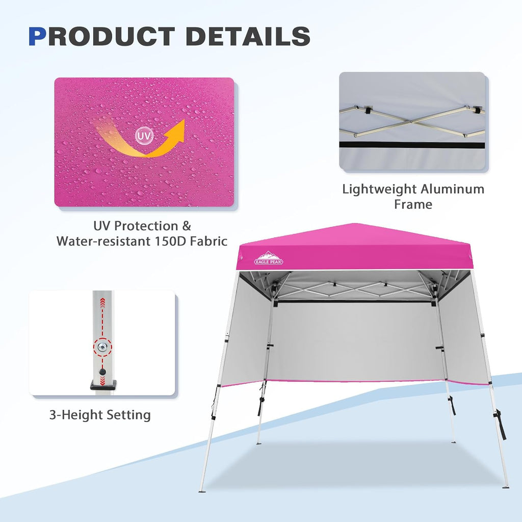 EAGLE PEAK Day Tripper 8x8 Aluminum Super-Lightweight Slant Leg Pop Up Canopy with 3 Removable Walls, Instant Outdoor Backpack Canopy Tent, Outside Beach Folding Sun Shelter, 8x8 Base 6x6 Top, Pink