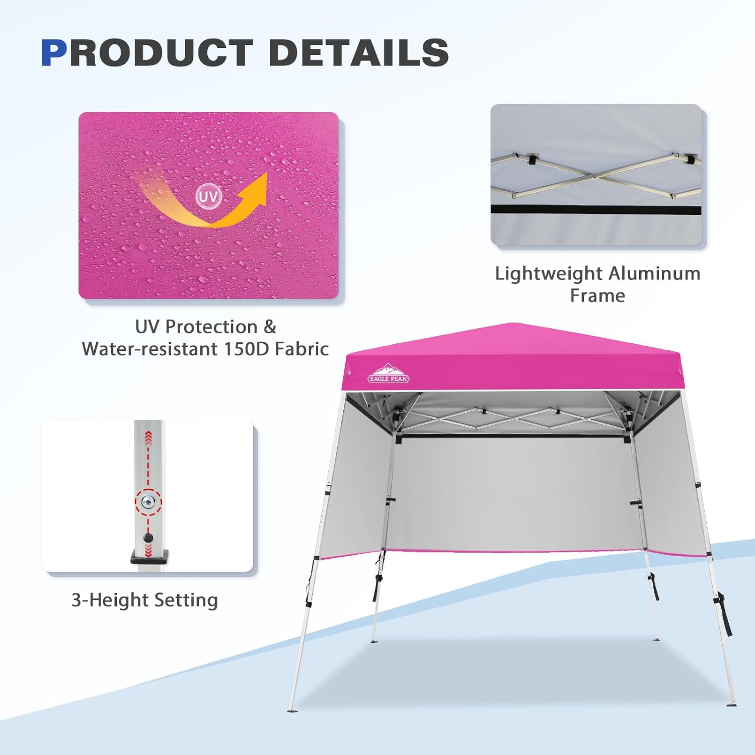 EAGLE PEAK Day Tripper 8x8 Aluminum Super-Lightweight Slant Leg Pop Up Canopy with 3 Removable Walls, Instant Outdoor Backpack Canopy Tent, Outside Beach Folding Sun Shelter, 8x8 Base 6x6 Top, Pink