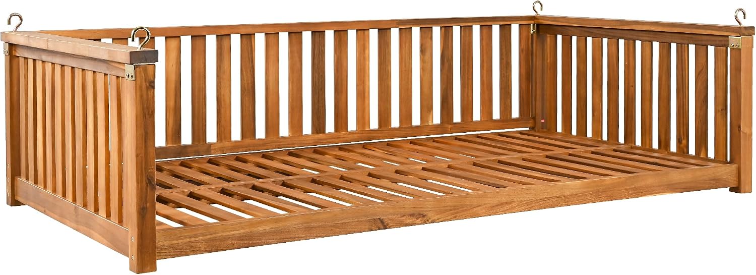 Minimalist 2-Person Acacia Wood Swing Bed, Patio Porch Swing with Ropes for Backyard Garden, Safe Sloped Design (Teak/Acacia)
