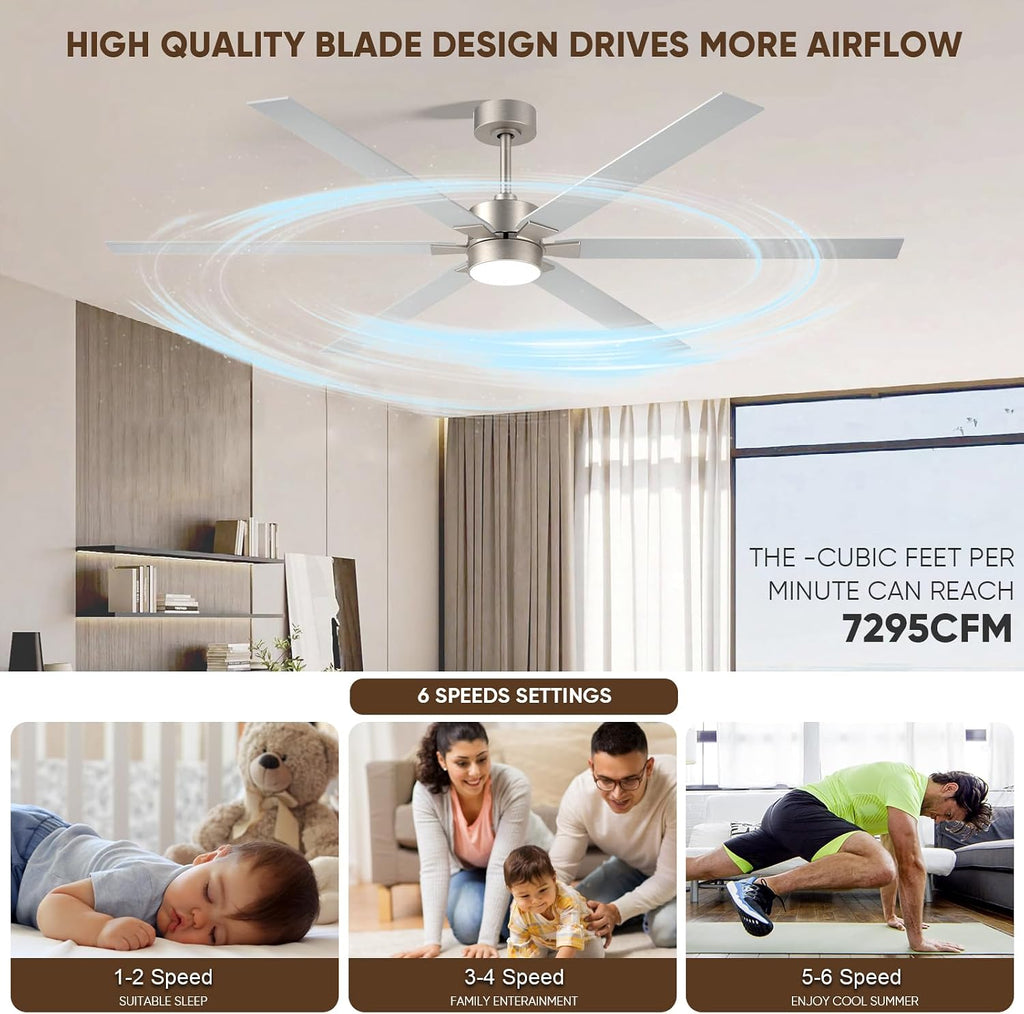 Outdoor Ceiling Fans for Patios with Light, 66 inch Large Ceiling Fans with Lights, Modern Indoor Exterior Large Airflow Commercial Ceiling Fan for Gazebo Porch Garage, Dual Finish-Nickel & Oak Gray