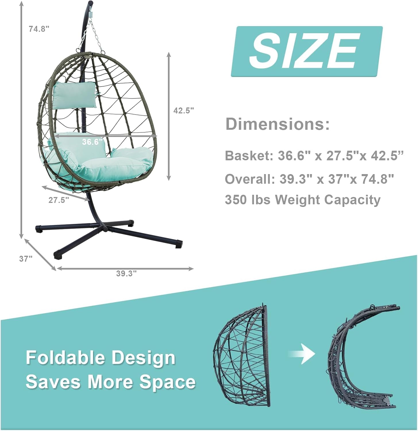 Egg Chair Indoor Outdoor, Foldable Hanging Egg Chair with Stand, Patio Swing Egg Chairs, UV Resistant Removable &Washable Thicken Padded Cushions, 350LBS Capacity for Bedroom (Small Blue)