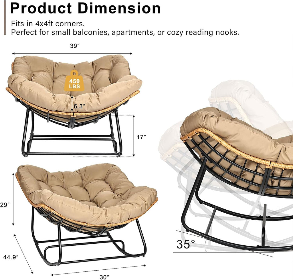Outdoor Egg Rocking Chair, Indoor Papasan Rocking Chair with Thick Cushion, Modern Lounge Rocker for Balcony, Living Room, Bedroom, Porch, Lawn, Garden (Yellow)